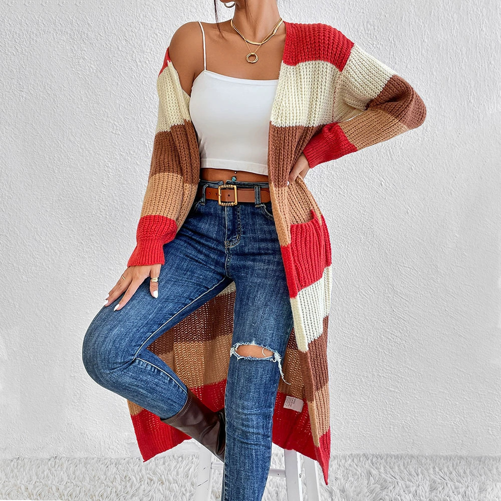 Zara Fall Winter Contrast Stripe Patchwork Knit Long Cardigan Sweater